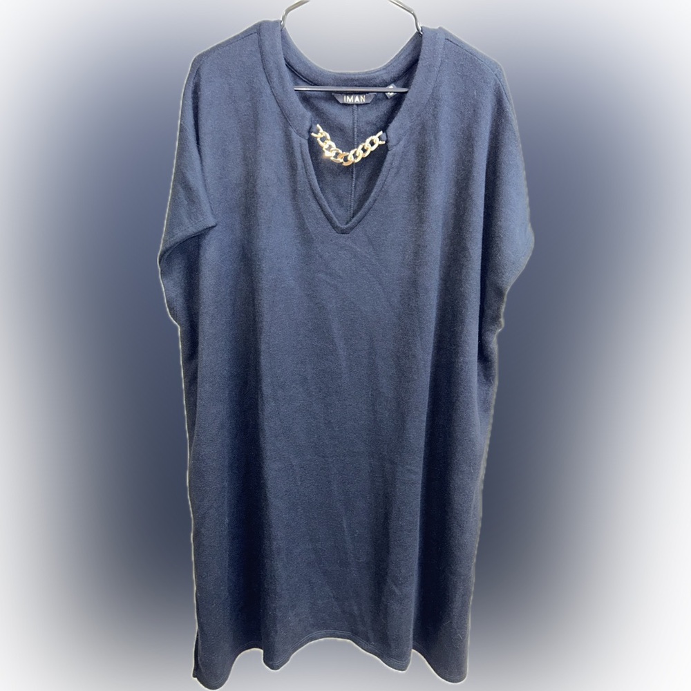 🔥5/$35🔥 IMAN Black Tunic Dress W Gold Chain Accent - Picture 3 of 5